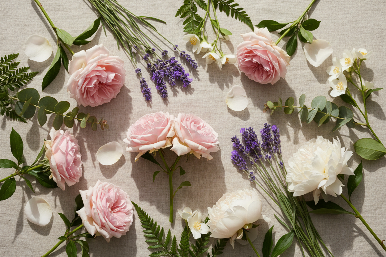 Blomster og botaniske duftoljer – rose, lavendel, peon og jasmin