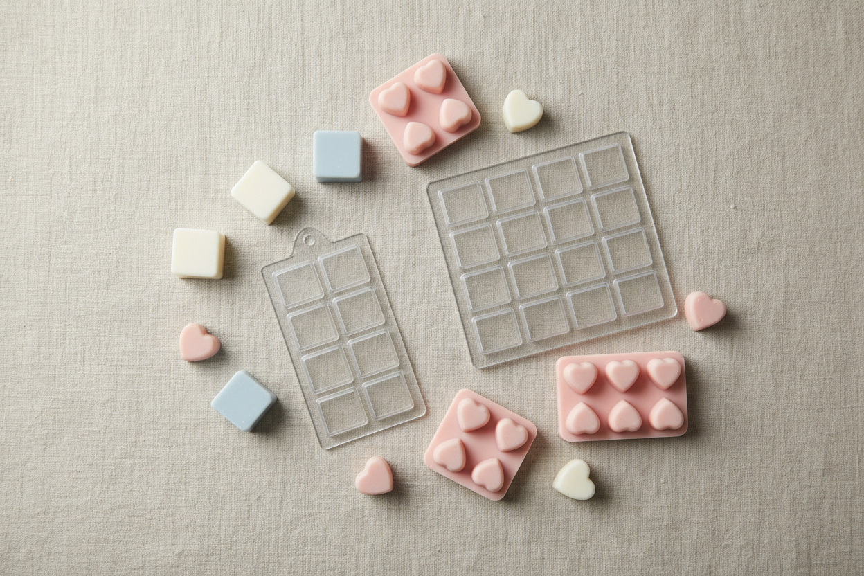 Clamshell-former i plast og silikonformer til støping av duftvoks og wax melts