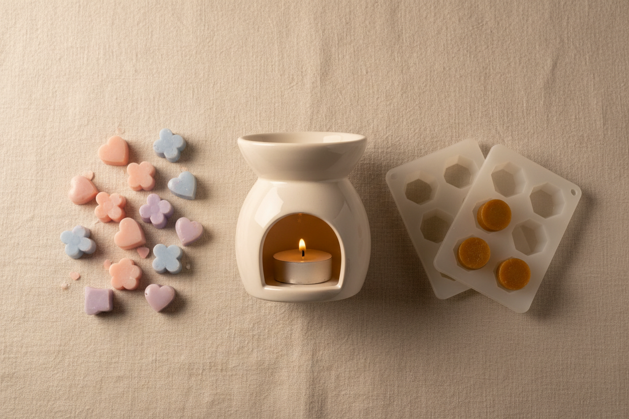 uftvoks, keramisk duftvoksbrenner og silikonformer til wax melts på linstoff