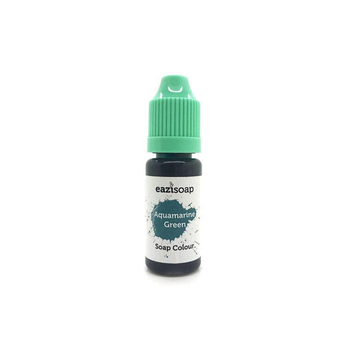 Liten flaske med Eazisoap Aquamarine Green såpefarge og grønn dråpetellerkork