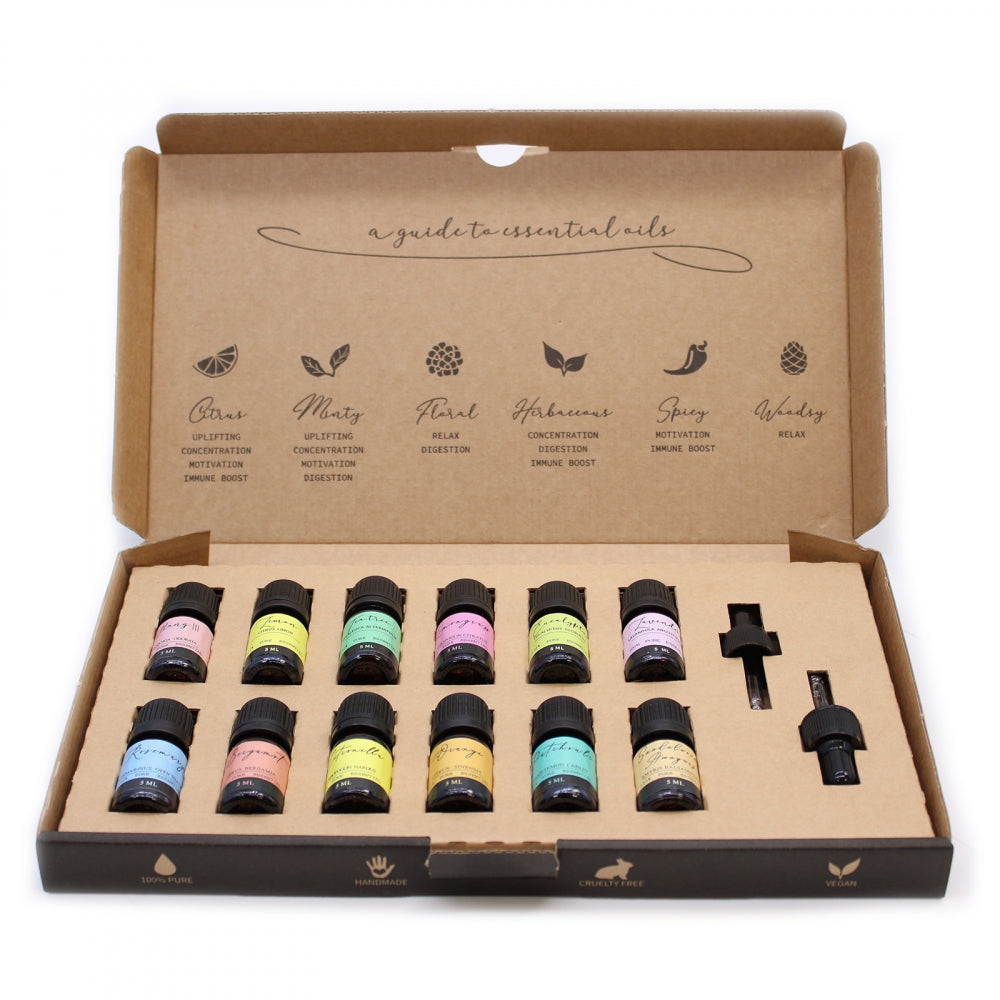 Aromaterapisett: 12 x 5ml Essensielle Oljer i Elegant Eske