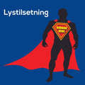 Silhuett av superhelt med rød kappe og gult skjold med "Burning Hero" tekst, på blå bakgrunn med "Lystilsetning
