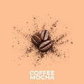 Tre mørke kaffebønner og kaffepulver på en lys oransje bakgrunn, med teksten Coffee Mocha