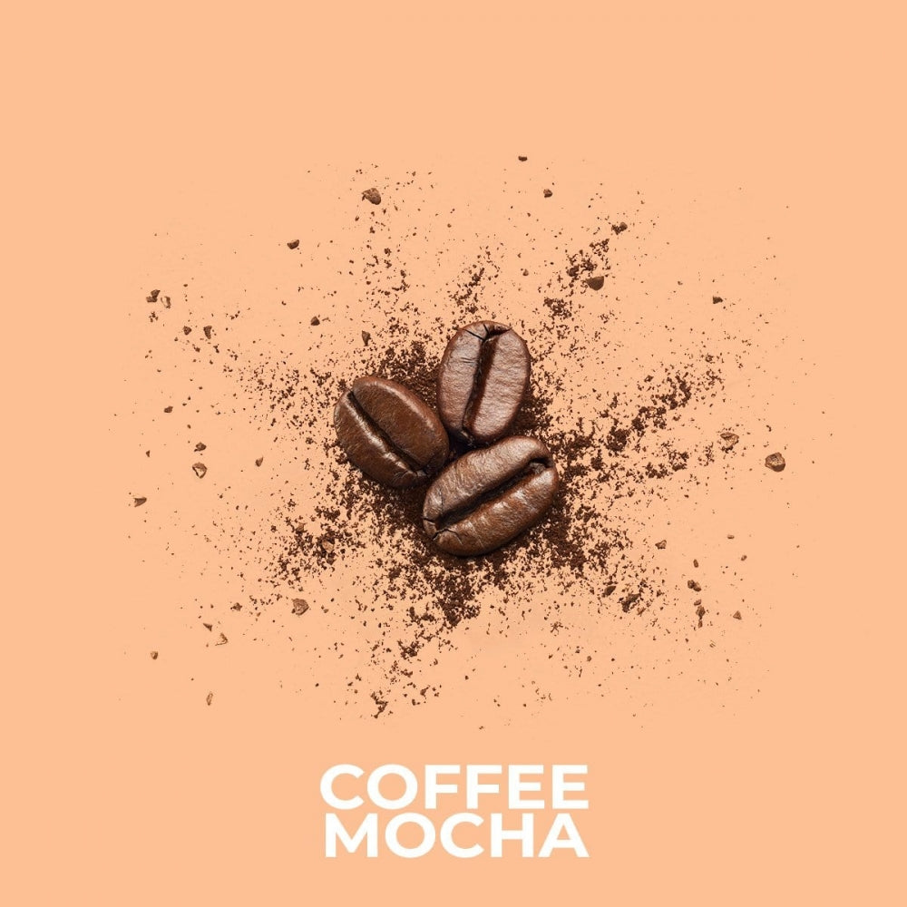 Tre mørke kaffebønner og kaffepulver på en lys oransje bakgrunn, med teksten Coffee Mocha
