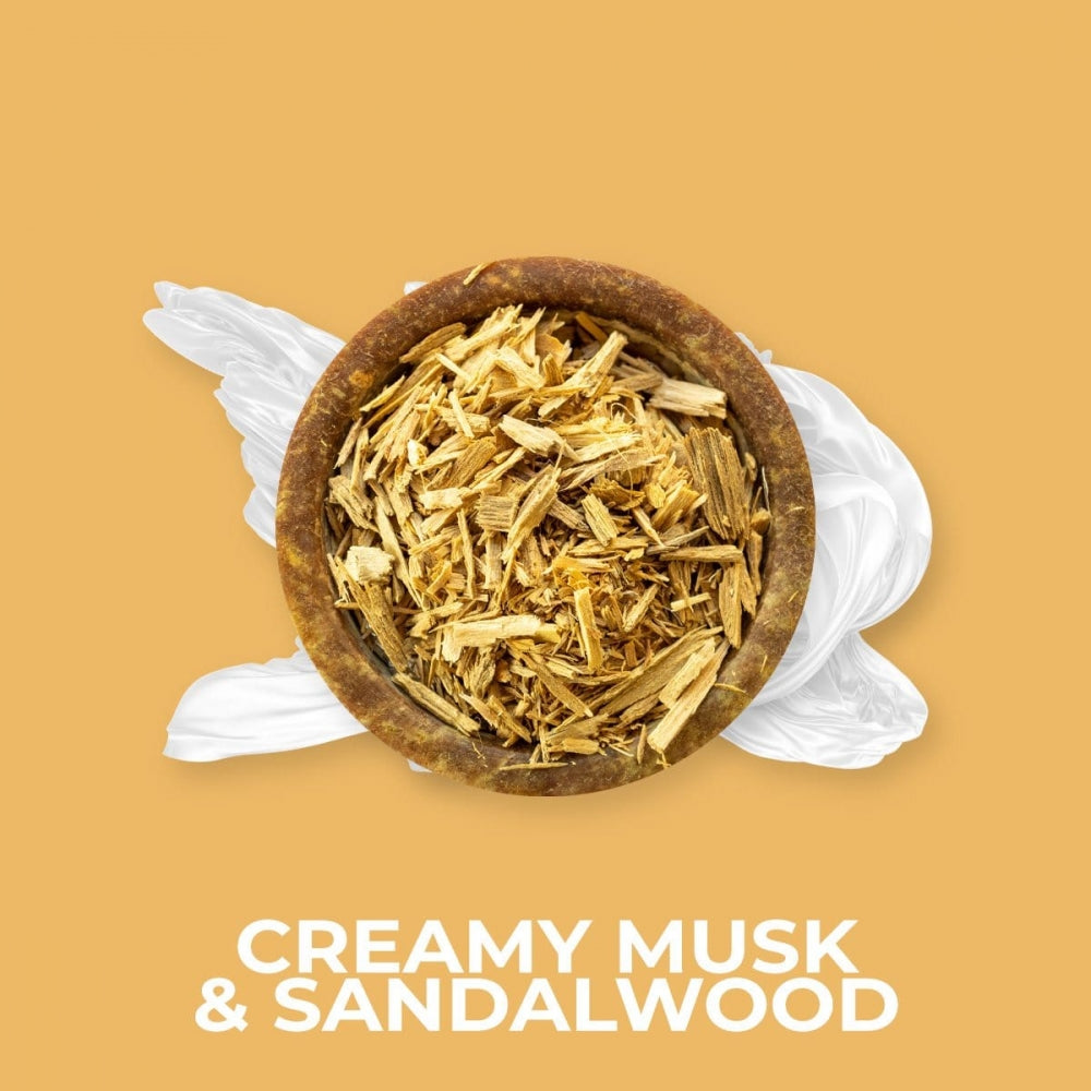 Treboks med sandeltrefliser og hvit musk på gul bakgrunn, Creamy Musk & Sandalwood duftolje
