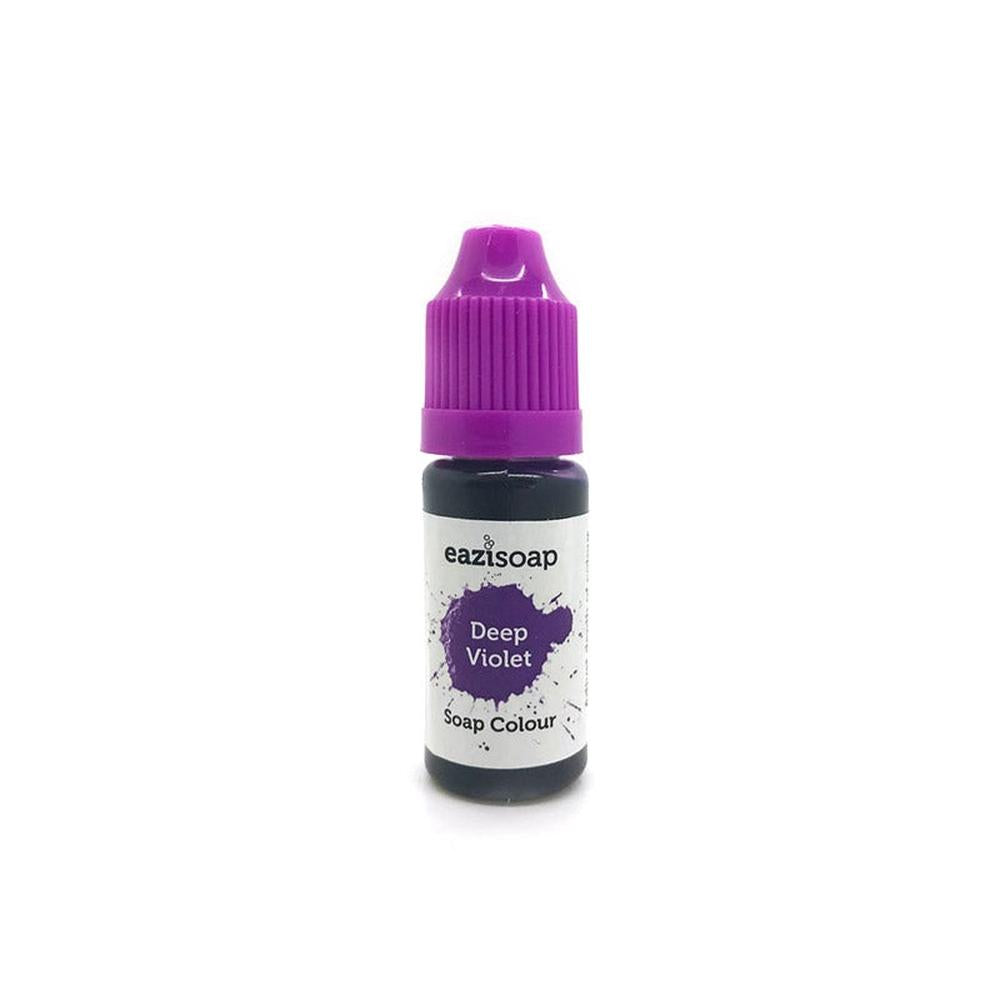 Eazisoap såpefarge i en liten flaske med lilla skrukork og etikett som viser "Deep Violet Soap Colour