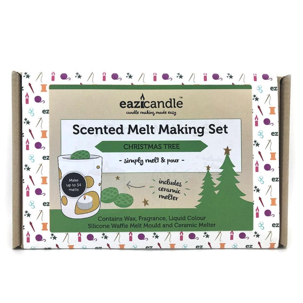 Duftvoks startpakke Christmas Tree med voks, duftolje, grønn farge, vaffelform og keramisk brenner.