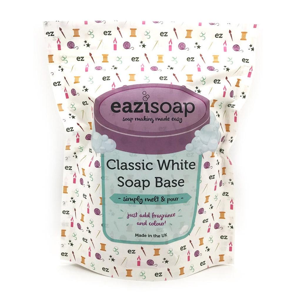 Eazisoap Classic White Soap Base 450g i hvit pose med lilla etikett og sy-mønster