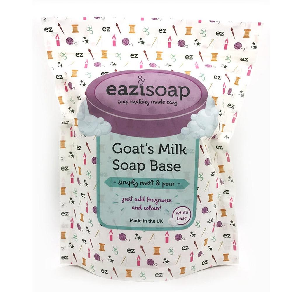 Eazisoap geitemelk såpebase 450g i hvit, biologisk nedbrytbar pose med lilla og mintgrønn etikett.