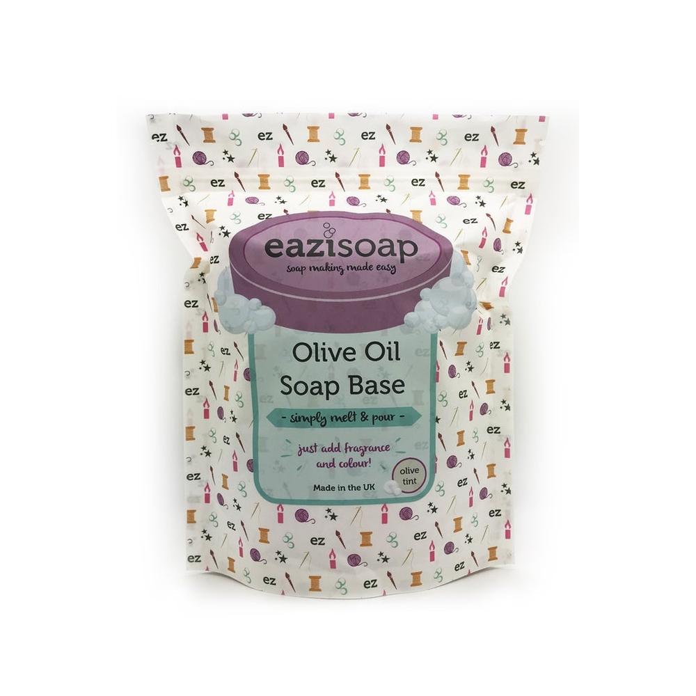 Eazisoap olivenolje såpebase 450g i hvit pose med lilla etikett og håndverksmønster