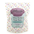Eazisoap Shea Butter såpebase 450g i hvit, biologisk nedbrytbar pose med lilla etikett og såpemotiv.