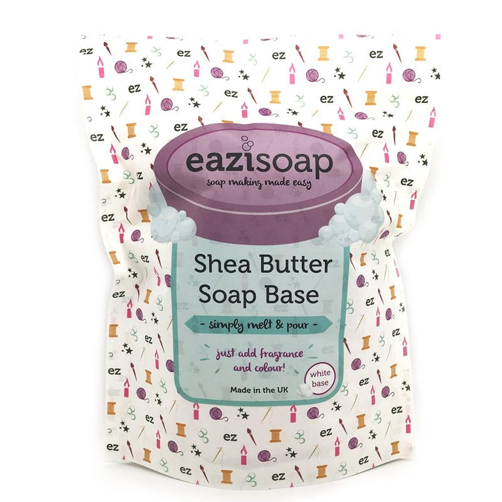Eazisoap Shea Butter såpebase 450g i hvit, biologisk nedbrytbar pose med lilla etikett og såpemotiv.