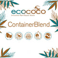 EcoCoco Container Blend kokosnøttvoks logo med grønne og brune blader, samt ikoner for vegan, soyafri, 100% naturlig, palme-fri og biologisk nedbrytbar.