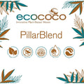 EcoCoco PillarBlend logo med tekst og fem ikoner for veganvennlig, soyafri, 100% naturlig, palmeoljefri, biologisk nedbrytbar