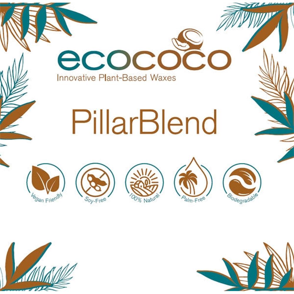 EcoCoco PillarBlend logo med tekst og fem ikoner for veganvennlig, soyafri, 100% naturlig, palmeoljefri, biologisk nedbrytbar