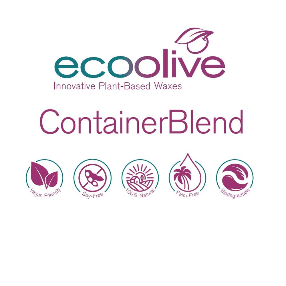 EcoOlive ContainerBlend logo med ikoner for vegansk, soyafri, 100% naturlig, palmeoljefri og biologisk nedbrytbar olivenvoks