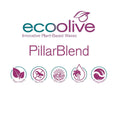 EcoOlive PillarBlend-logo med tekst og fem ikoner som viser veganvennlig, soyafri, 100 % naturlig, palmeoljefri, biologisk nedbrytbar.