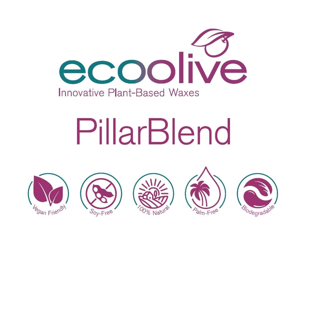 EcoOlive PillarBlend-logo med tekst og fem ikoner som viser veganvennlig, soyafri, 100 % naturlig, palmeoljefri, biologisk nedbrytbar.