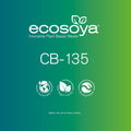 EcoSoya CB-135 soyavoks logo og tekst på grønn bakgrunn med bærekraft-, vegan- og biologisk nedbrytbar-ikoner
