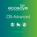 EcoSoya CB-Advanced logo på grønn gradient bakgrunn med tekst "Innovative Plant-Based Waxes" og ikoner for bærekraft.