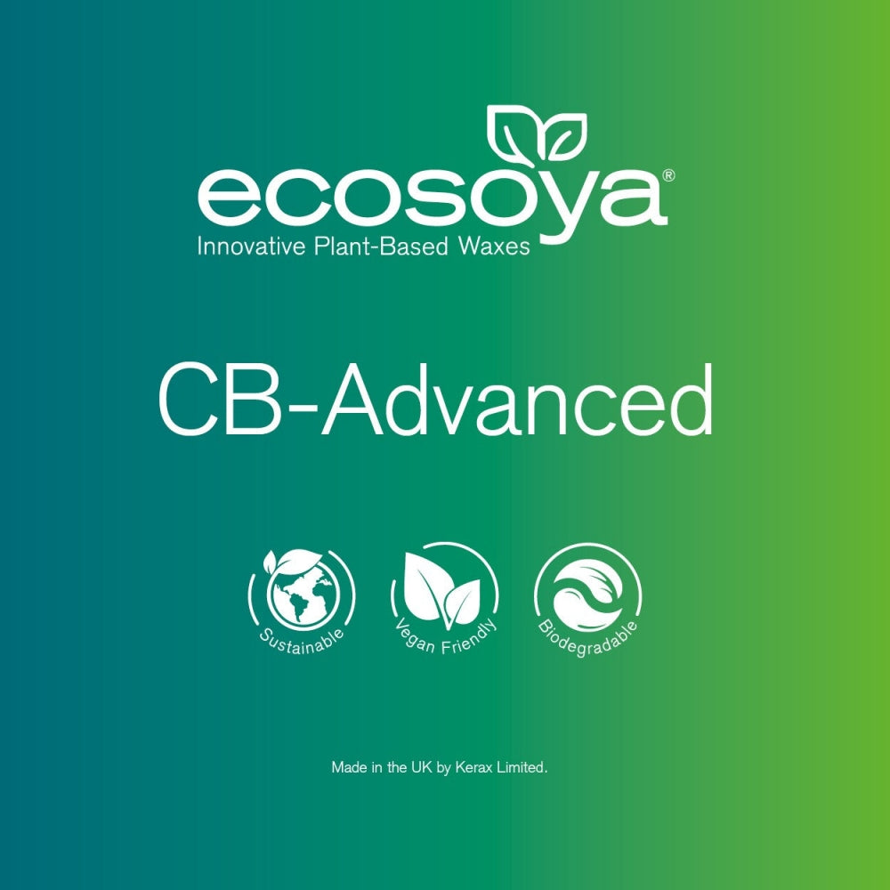 EcoSoya CB-Advanced logo på grønn gradient bakgrunn med tekst "Innovative Plant-Based Waxes" og ikoner for bærekraft.