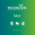 Ecosoya Melt soyavoks logo på grønn gradient bakgrunn med bærekraft, vegan og biologisk nedbrytbar ikoner