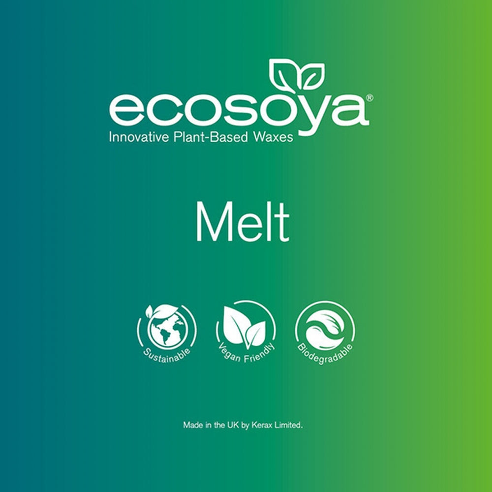 Ecosoya Melt soyavoks logo på grønn gradient bakgrunn med bærekraft, vegan og biologisk nedbrytbar ikoner