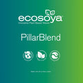 Ecosoya PillarBlend logo på grønn bakgrunn med bærekraftig, vegansk og biologisk nedbrytbar ikoner