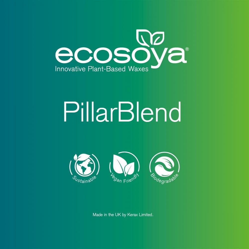 Ecosoya PillarBlend logo på grønn bakgrunn med bærekraftig, vegansk og biologisk nedbrytbar ikoner