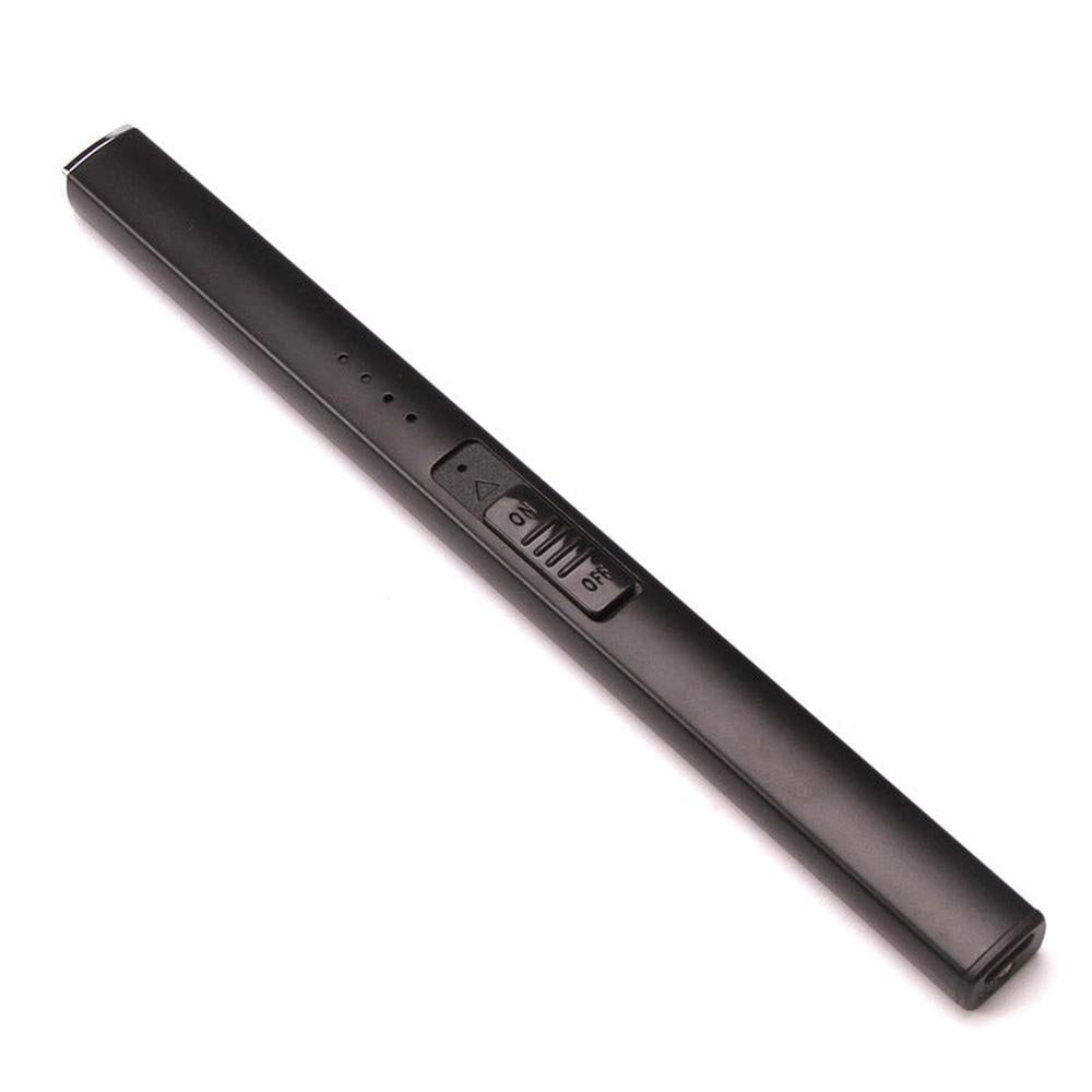 Slank, matt sort elektrisk lighter med USB-lading og batteriindikator på siden