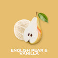 Halv pære med blad og vaniljeis på gul bakgrunn, tekst "ENGLISH PEAR & VANILLA