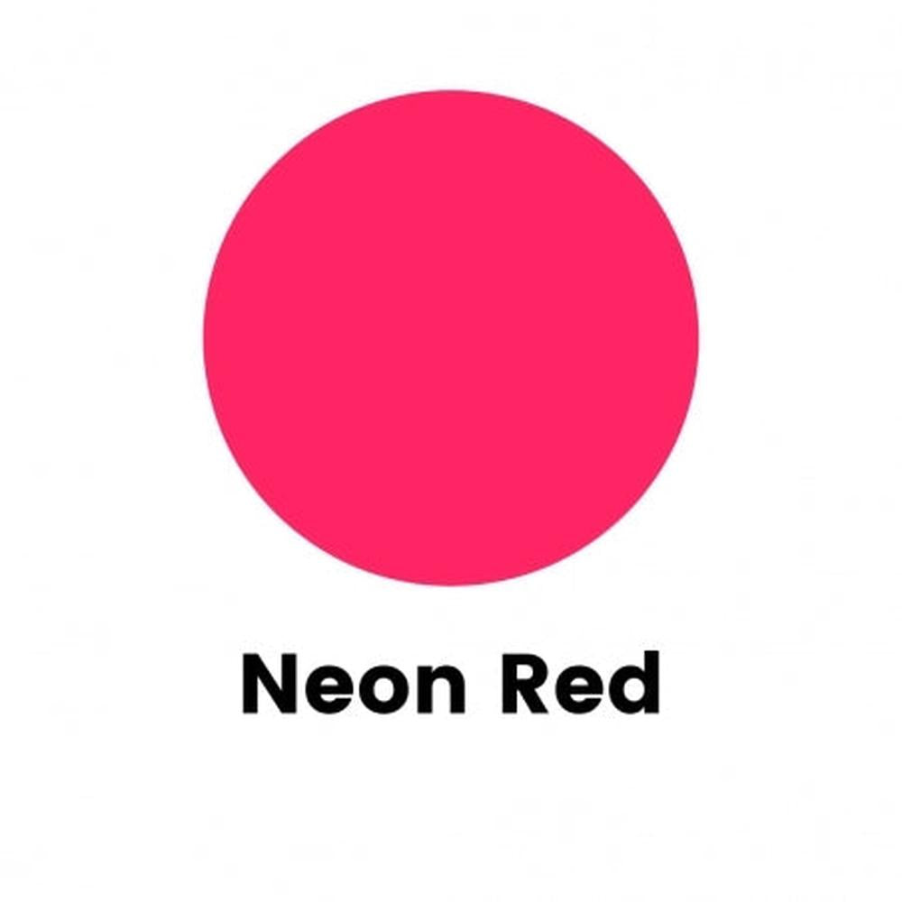 Neon rød lysfarge i en sirkelformet prøve med teksten "Neon Red" under