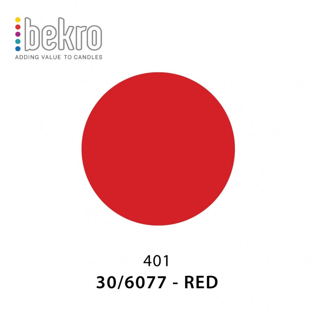 Rød lysfarge i en sirkel med Bekro logo og fargekode 30/6077 - RED