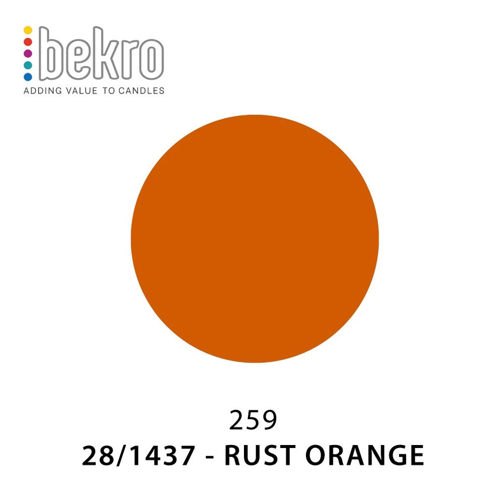 Rust oransje lysfarge i en sirkel, med Bekro logo og fargekode 259 28/1437 Rust Orange.