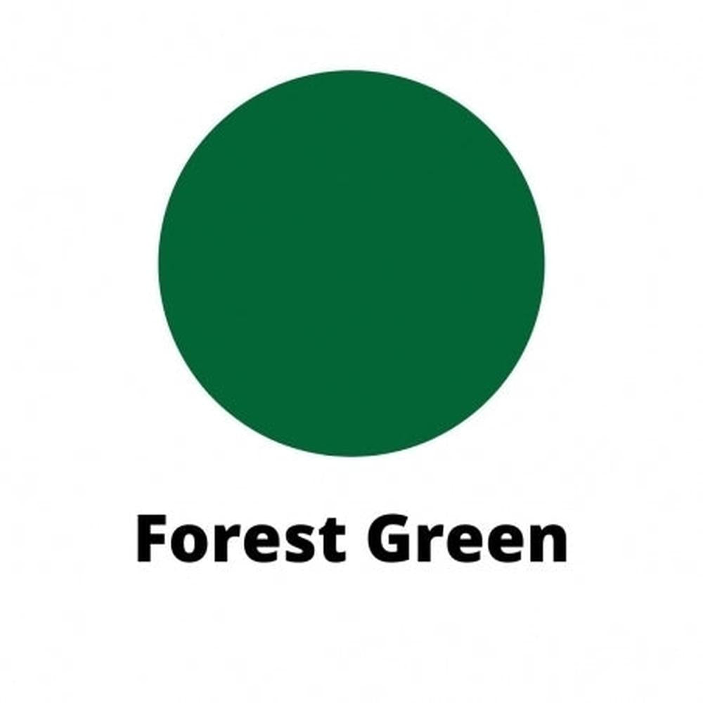 Sirkel med skoggrønn lysfargepigment på hvit bakgrunn, merket "Forest Green" under