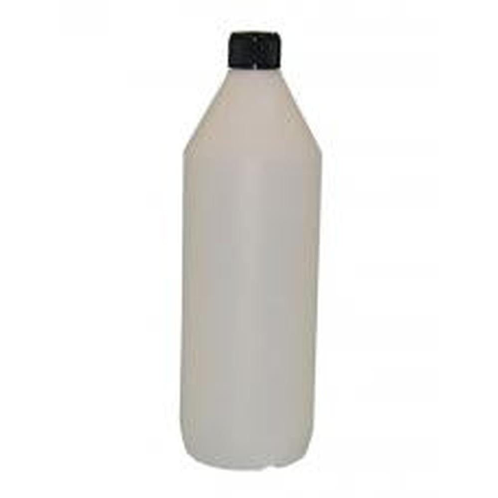 Hvit plastflaske med svart skrukork, inneholder 1 liter Glyserin 99.5% for såpeproduksjon og kosmetikk