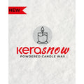 KeraSnow pulvervoks logo med et lysikon og teksten "POWDERED CANDLE WAX" på snølignende bakgrunn, "NEW" banner.