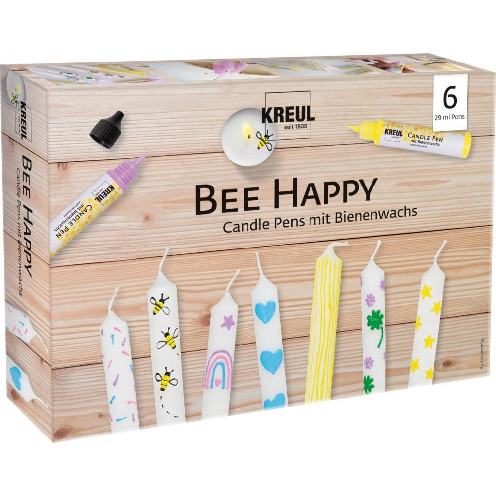 Kreul Bee Happy lyspenner 6-pakning med bivoks, viser dekorert lys i ulike farger og mønstre