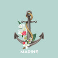 Grått anker med brunt tau, hvite og rosa blomster, på en lys mintgrønn bakgrunn med teksten "MARINE