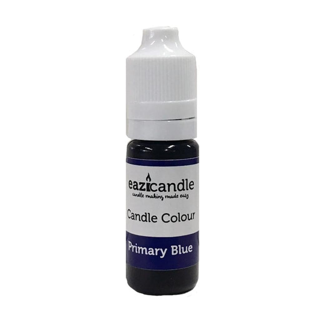 10ml flaske med primær blå flytende lysfarge fra eazicandle, med hvit skrukork og etikett.
