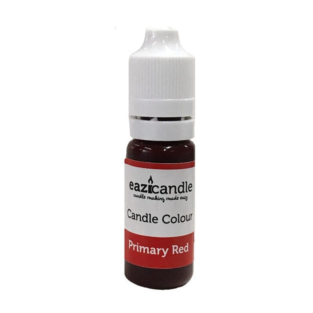 10ml flaske med primær rød flytende lysfarge fra eazicandle, med hvit skrukork og etikett.