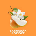 Rosewood & Velvet duftolje med pære og hvite jasminblomster på oransje bakgrunn