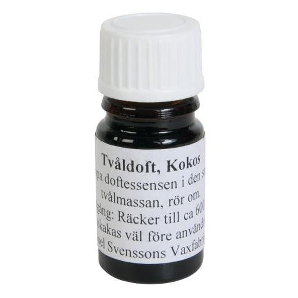 Liten brun glassflaske med hvit kork og etikett for Såpeduft Kokos 5ml
