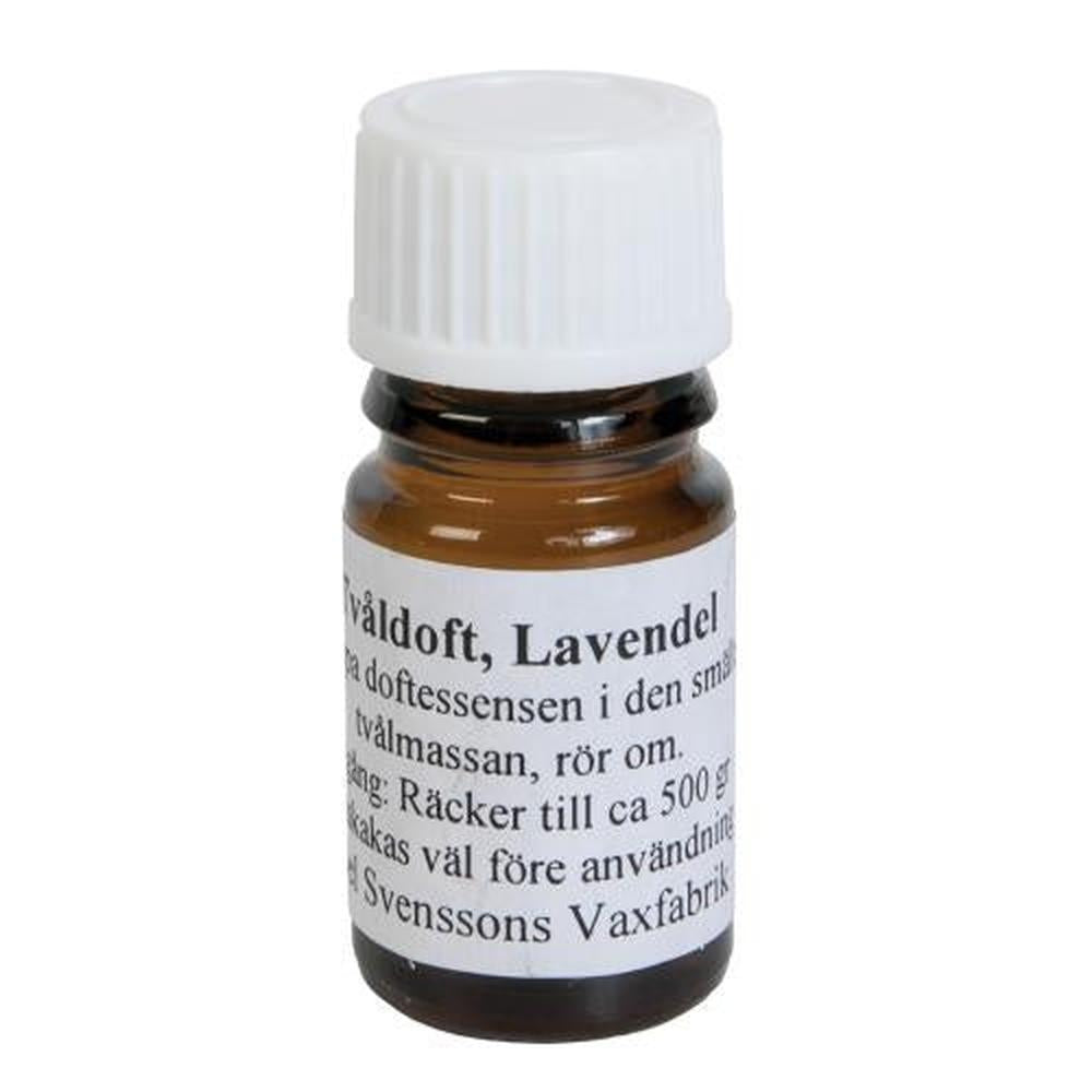 Liten brun glassflaske med hvit kork og etikett for Såpeduft Lavendel 5ml