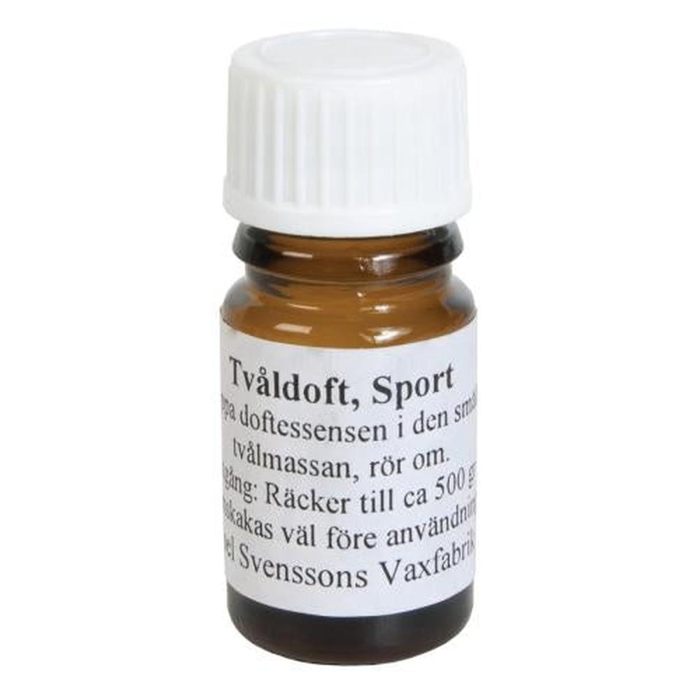 Brun glassflaske med hvit skrukork og etikett for Såpeduft Sport 5ml