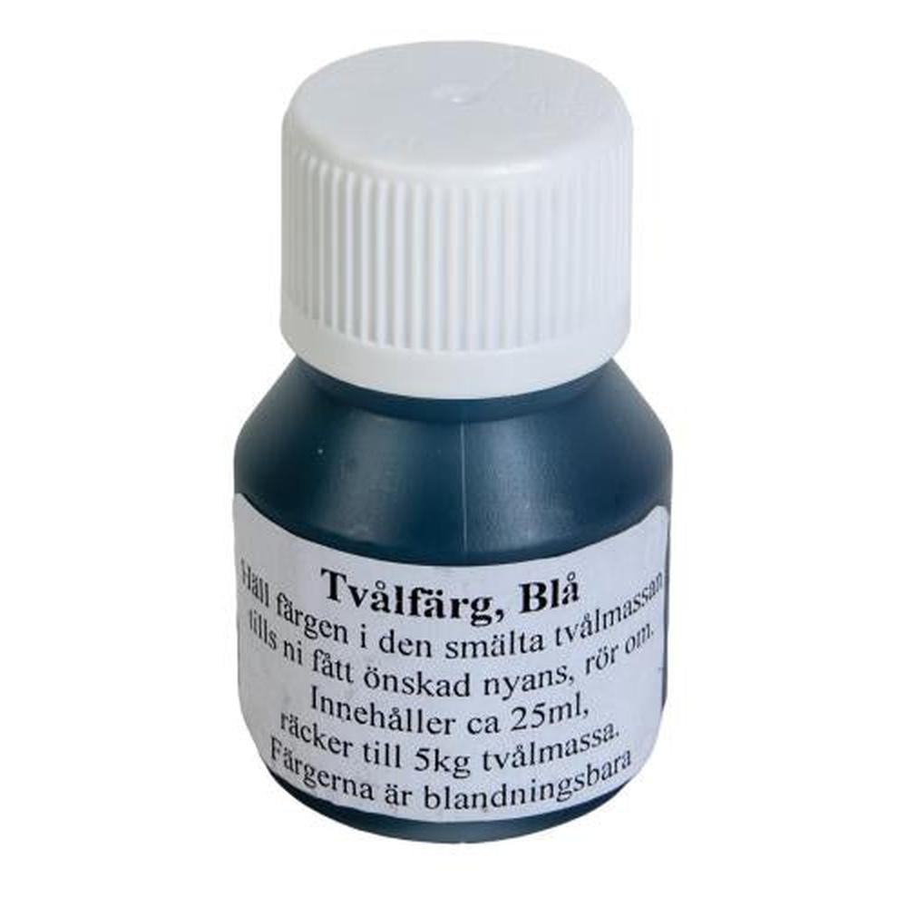 Liten flaske med blå såpefarge, 25 ml, med hvit skrukork og svensk etikett