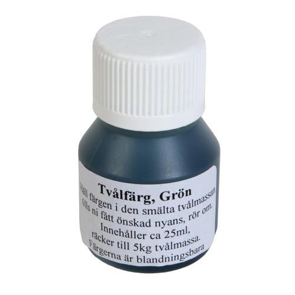 Liten flaske med grønn såpefarge, 25 ml, med hvit skrukork og etikett med produktinformasjon