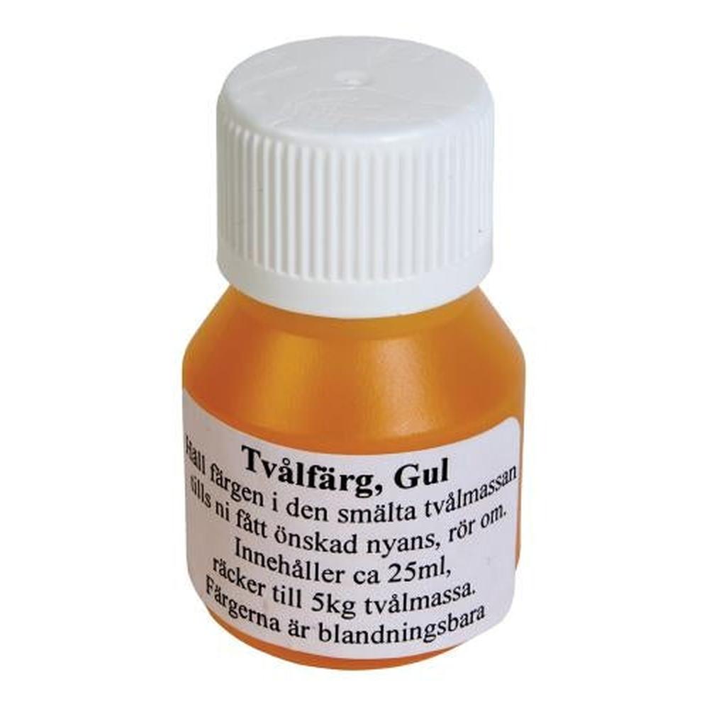Liten flaske med gul såpefarge, 25 ml, med hvit skrukork og etikett med tekst.
