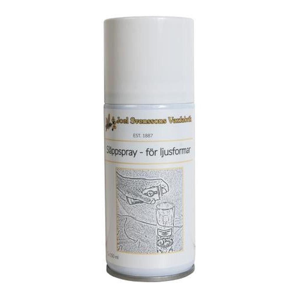 Hvit 150ml slippspray for lysformer med etikett som viser en hånd som sprayer en form