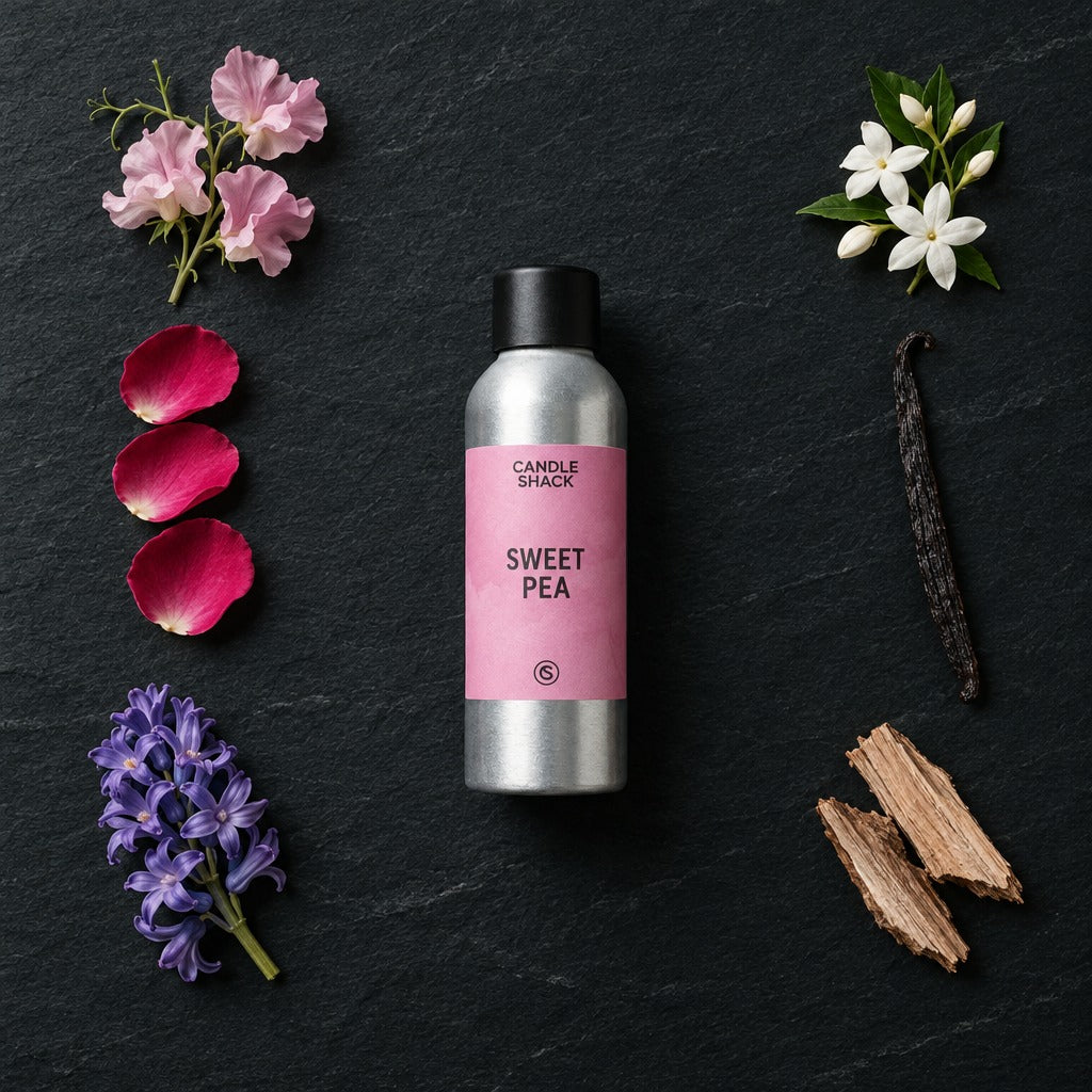Sweet Pea duftolje 100 g fra Candle Shack - flaske med luktert, rose, hyasint, jasmin, vanilje og treverk